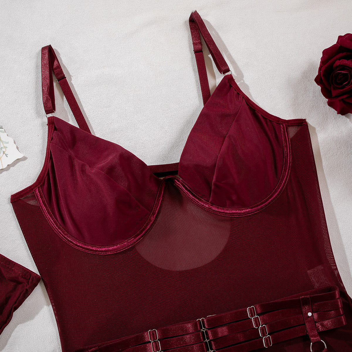 Mesh Bodysuit Glove And Garter Set - Burgundy - 4