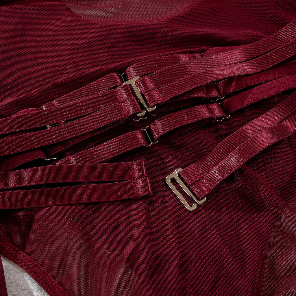 Mesh Bodysuit Glove And Garter Set - Burgundy - 7