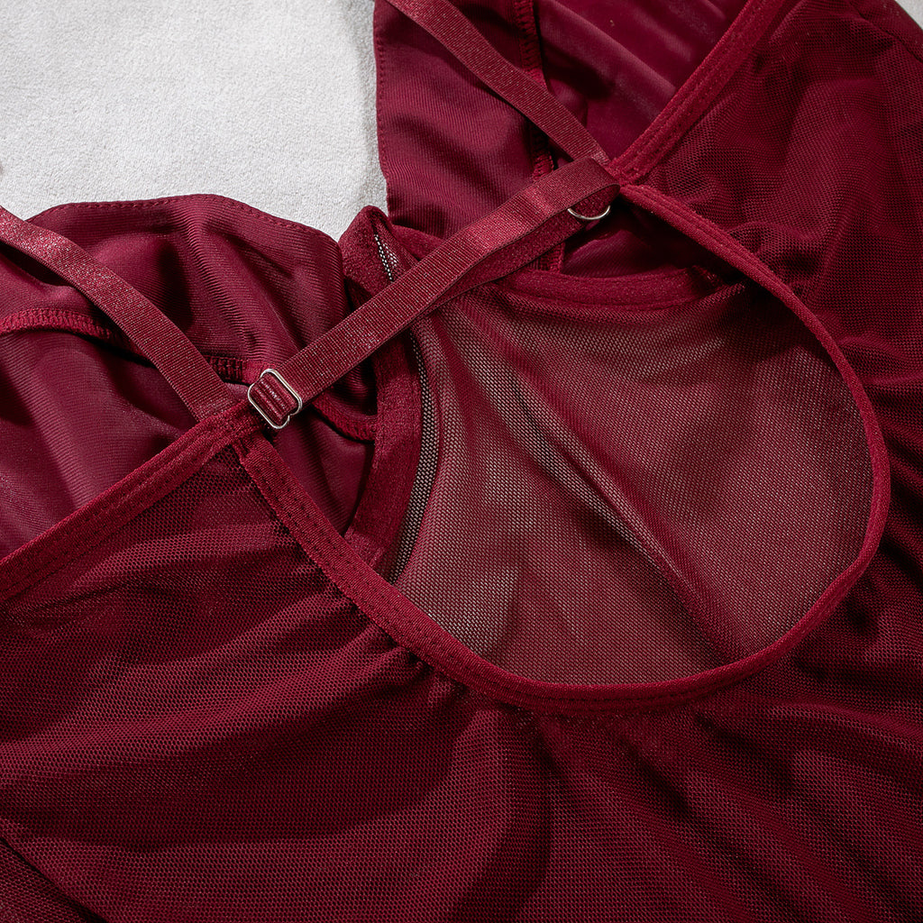 Mesh Bodysuit Glove And Garter Set - Burgundy - 8
