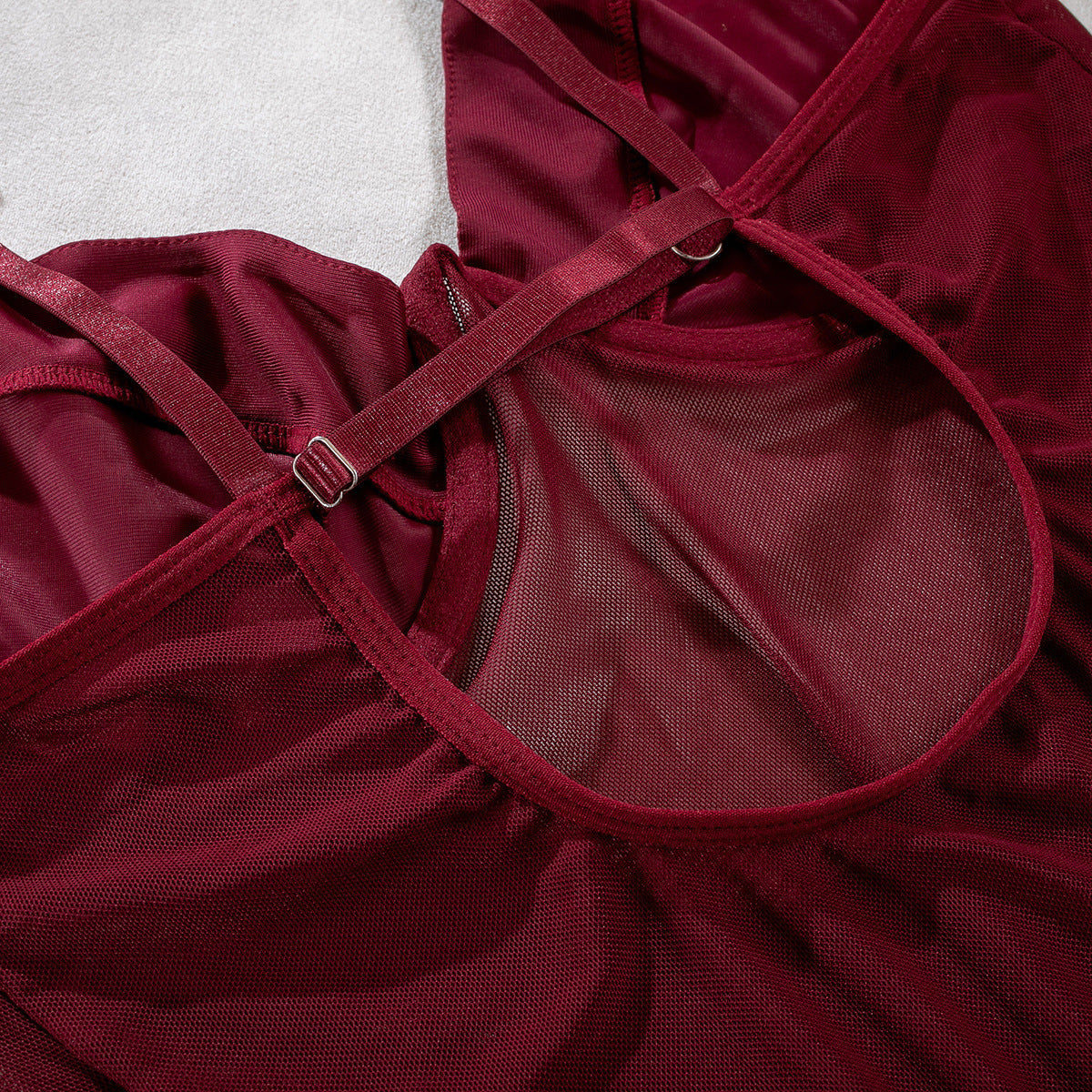 Mesh Bodysuit Glove And Garter Set - Burgundy - 8