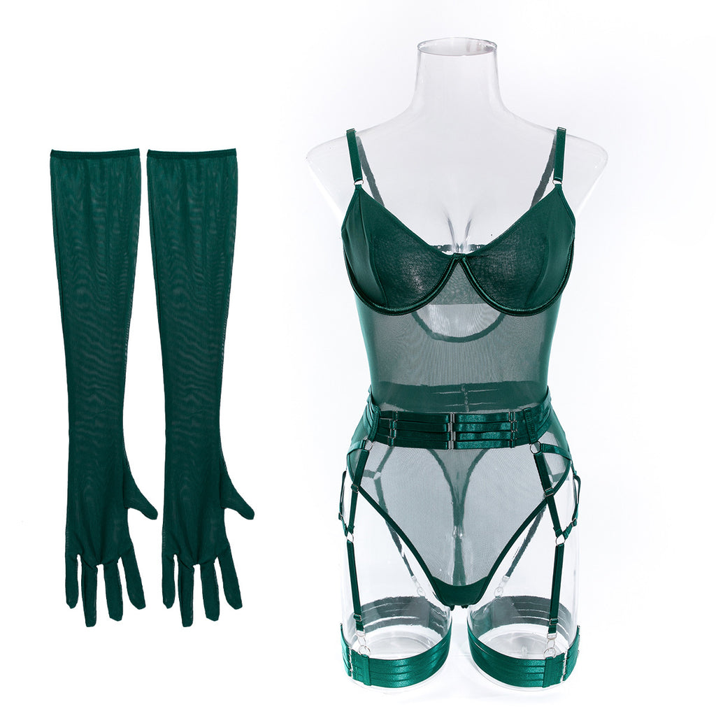 Mesh Bodysuit Glove And Garter Set - Forest - 1