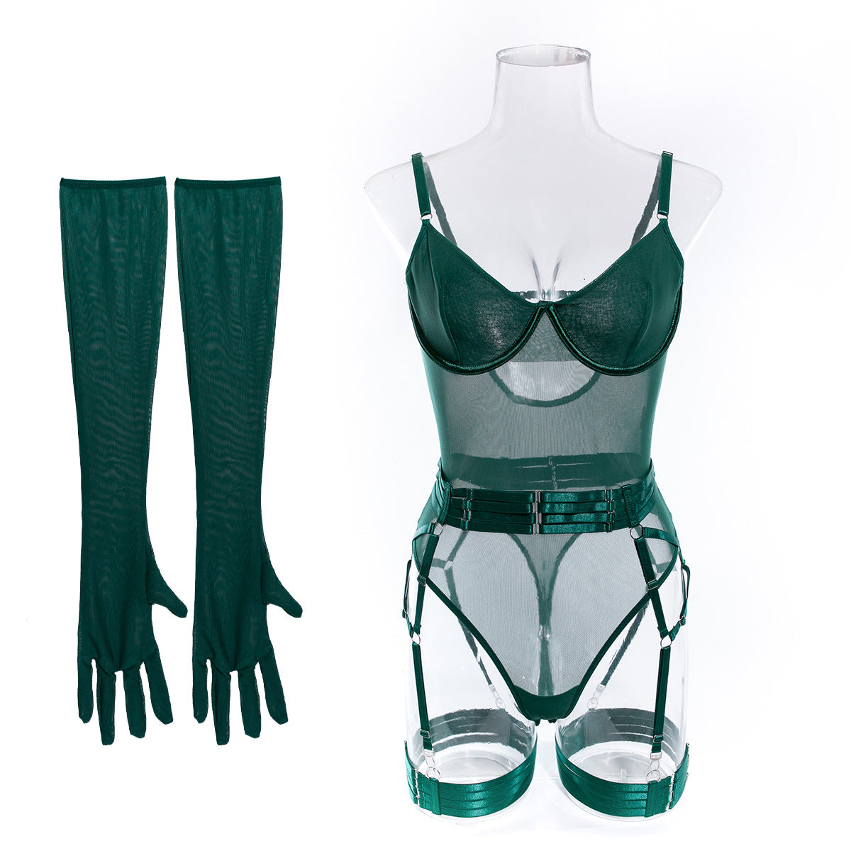 Mesh Bodysuit Glove And Garter Set - Forest - 1
