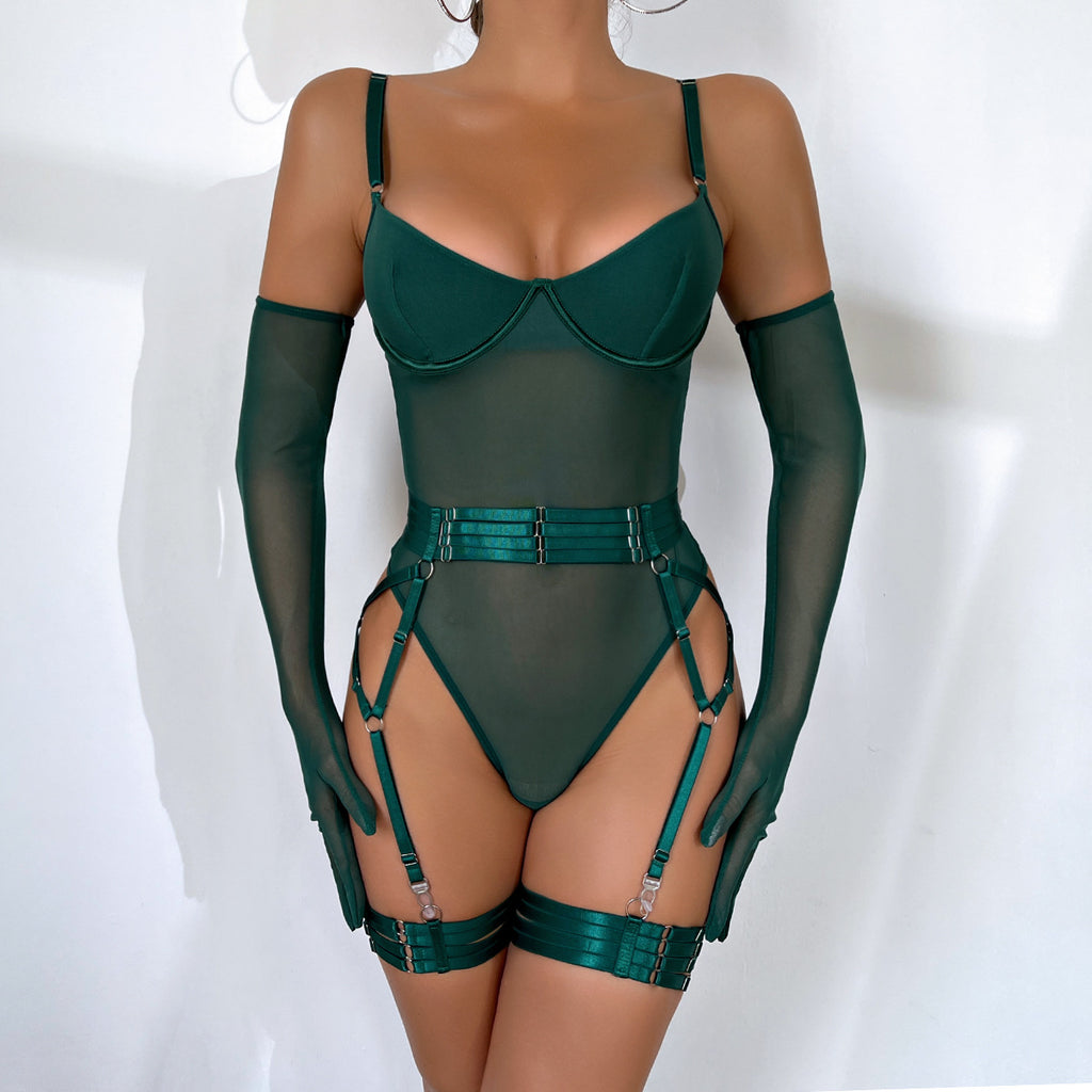 Mesh Bodysuit Glove And Garter Set - Forest - 10