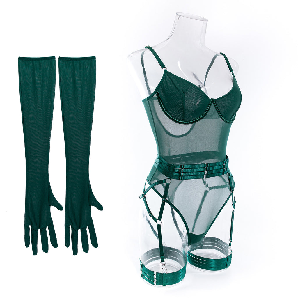 Mesh Bodysuit Glove And Garter Set - Forest - 2