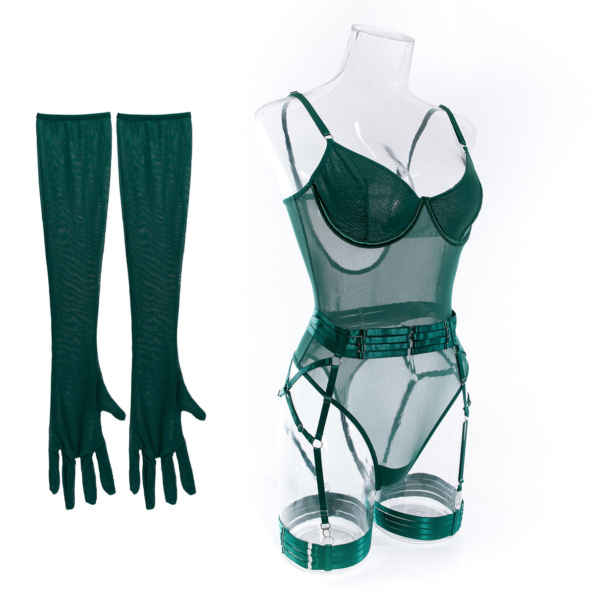 Mesh Bodysuit Glove And Garter Set - Forest - 2