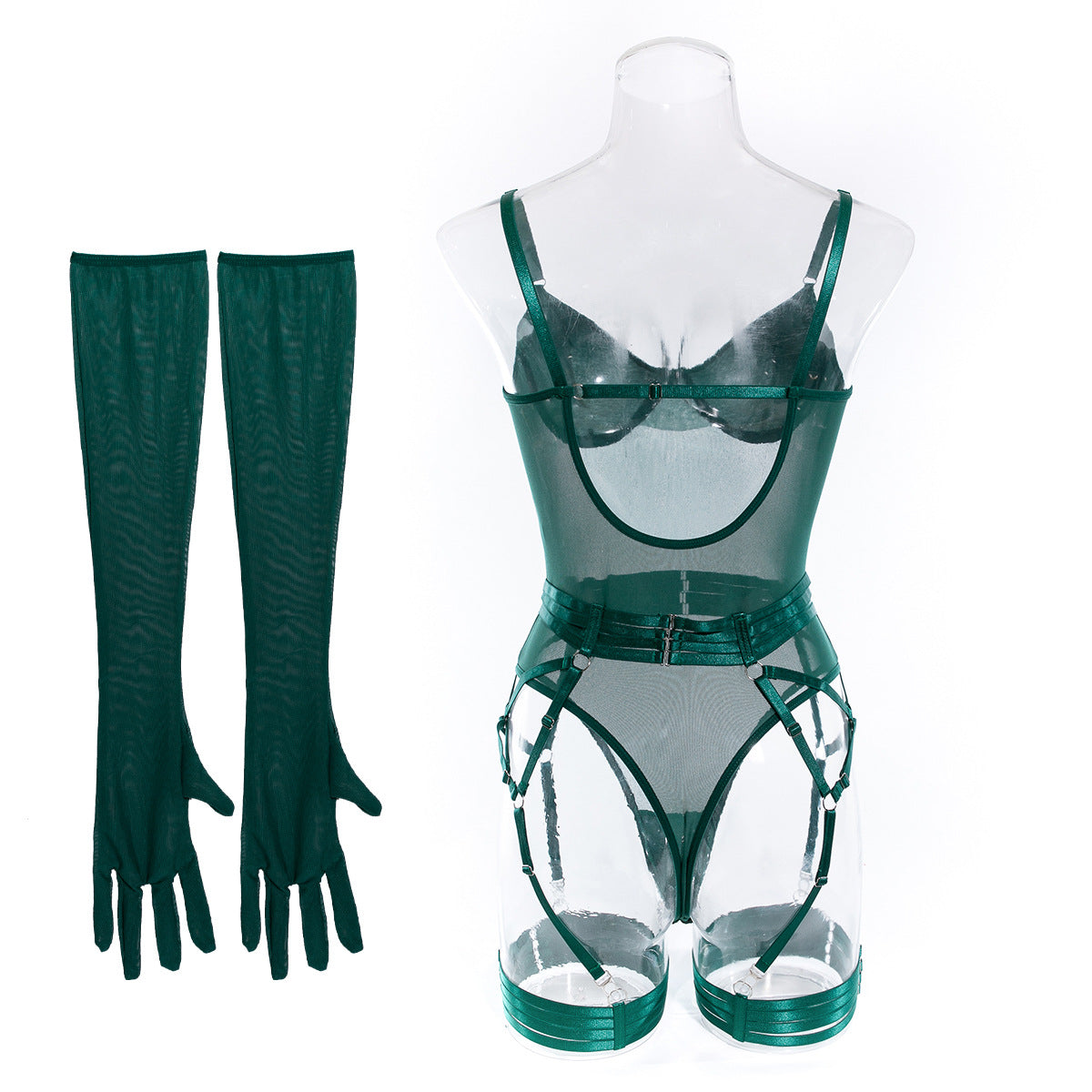 Mesh Bodysuit Glove And Garter Set - Forest - 3