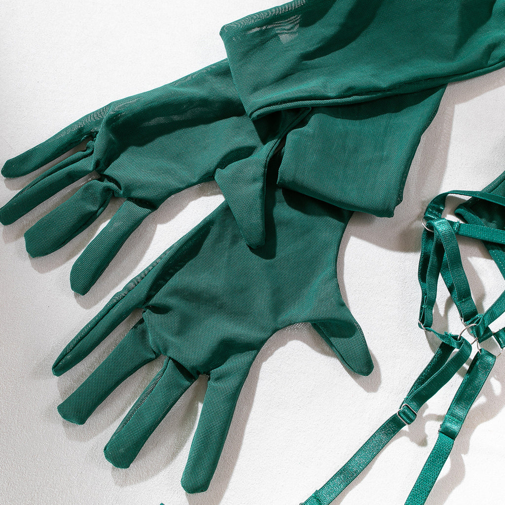 Mesh Bodysuit Glove And Garter Set - Forest - 7