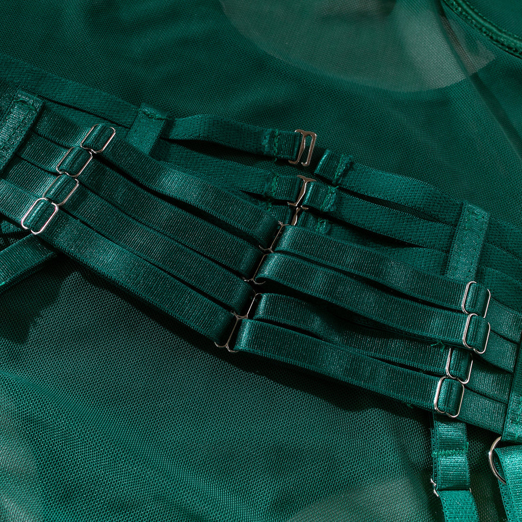 Mesh Bodysuit Glove And Garter Set - Forest - 8