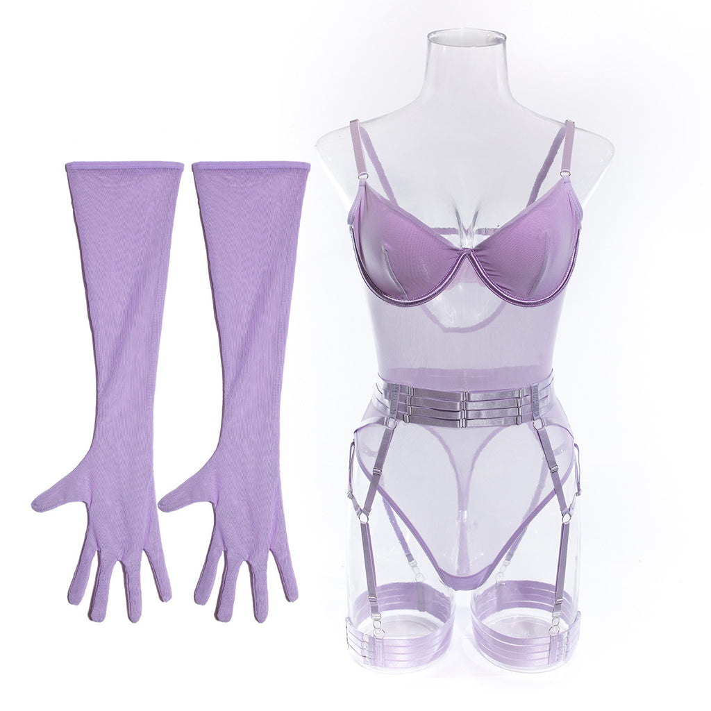 Mesh Bodysuit Glove And Garter Set - Purple