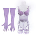 Mesh Bodysuit Glove And Garter Set - Purple