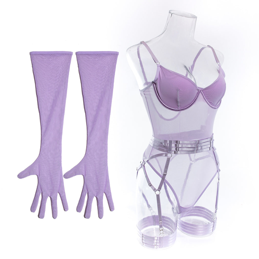 Mesh Bodysuit Glove And Garter Set - Purple - 1