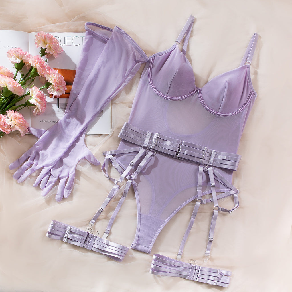 Mesh Bodysuit Glove And Garter Set - Purple - 14