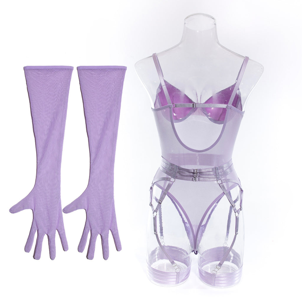 Mesh Bodysuit Glove And Garter Set - Purple - 2