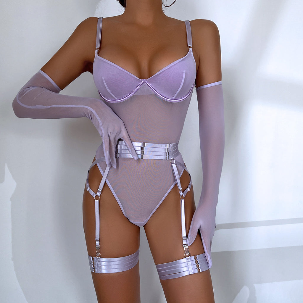 Mesh Bodysuit Glove And Garter Set - Purple - 8