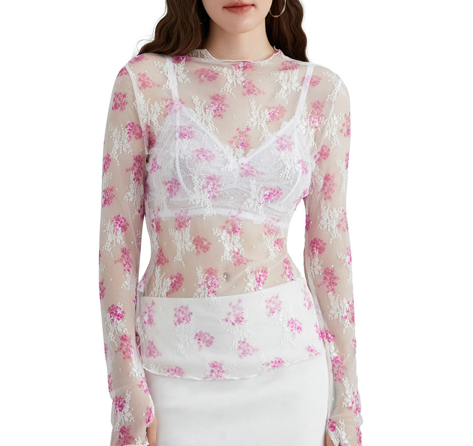 Sheer Ditsy Floral Mesh Layering Top - Purple