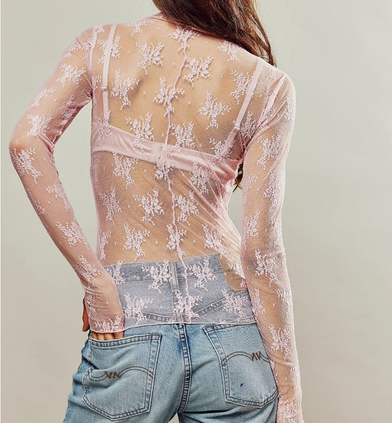 Sheer Ditsy Floral Mesh Layering Top - Purple - 1
