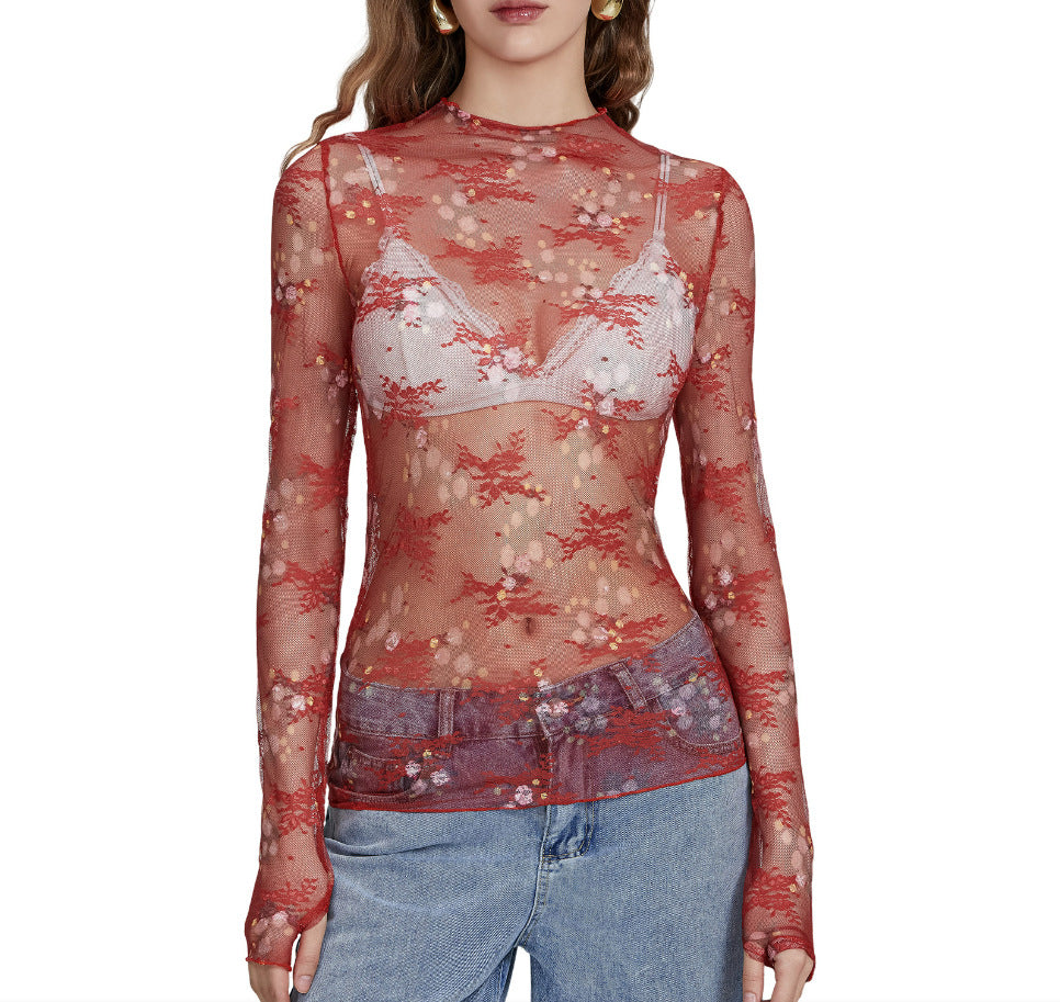 Sheer Ditsy Floral Mesh Layering Top - Red
