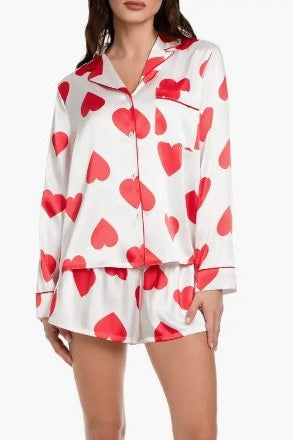 Heart Print Satin Shirt and Shorts Pajama Set - white