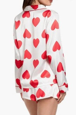 Heart Print Satin Shirt and Shorts Pajama Set - white - 1