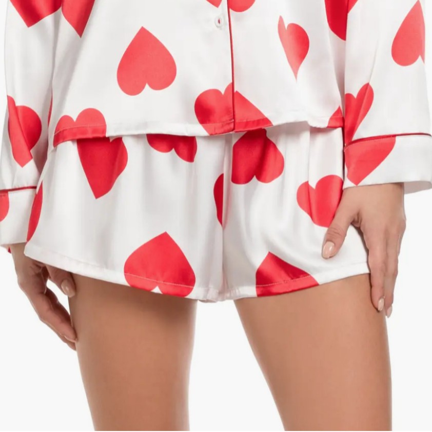 Heart Print Satin Shirt and Shorts Pajama Set - white - 2