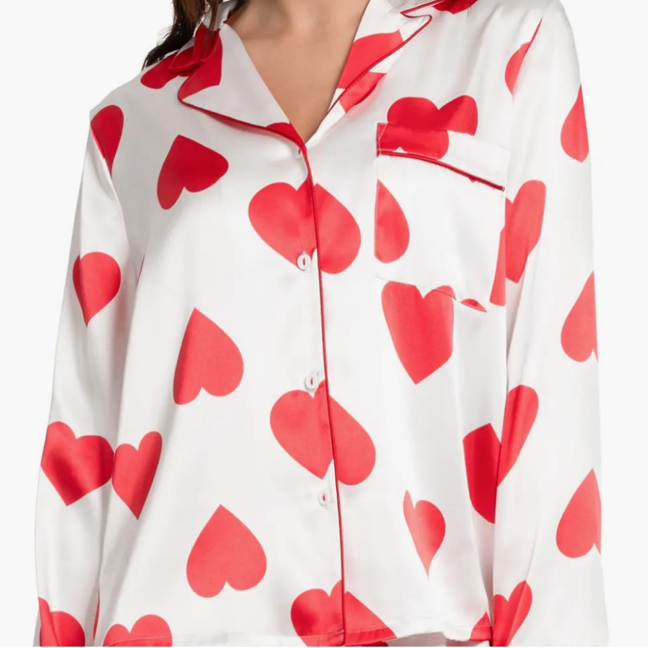 Heart Print Satin Shirt and Shorts Pajama Set - white - 3