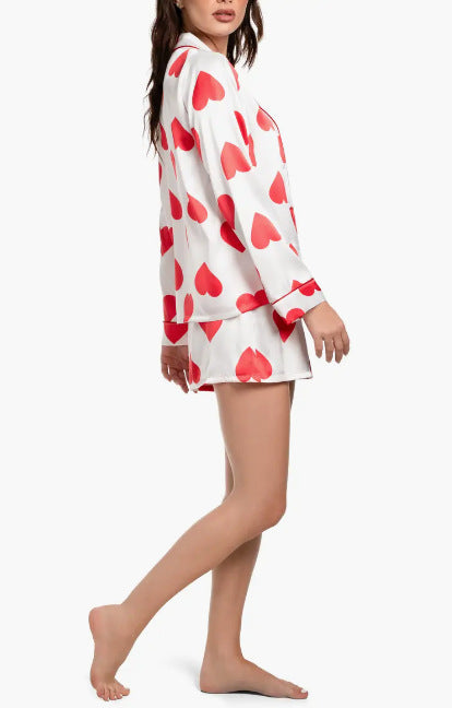 Heart Print Satin Shirt and Shorts Pajama Set - white - 4