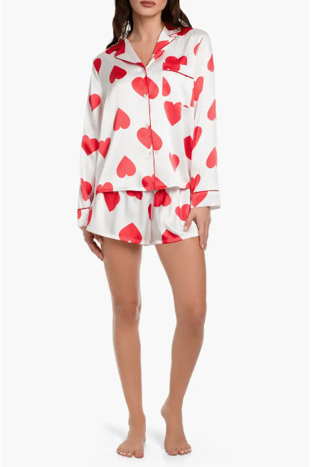Heart Print Satin Shirt and Shorts Pajama Set - white - 5