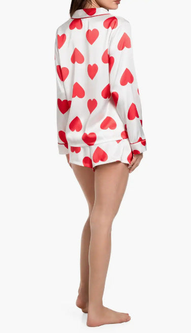Heart Print Satin Shirt and Shorts Pajama Set - white - 6