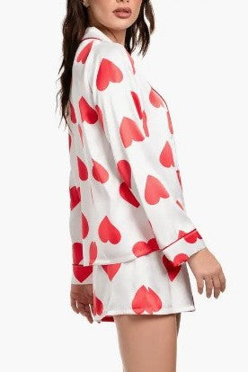 Heart Print Satin Shirt and Shorts Pajama Set - white - 7