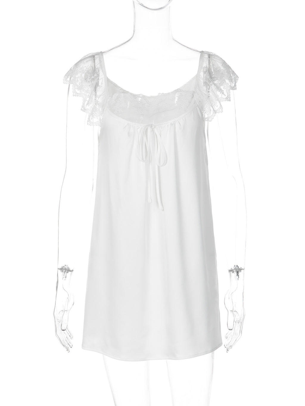 Lace Trim Satin Babydoll Mini Dress - White