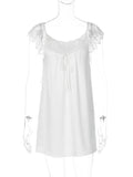 Lace Trim Satin Babydoll Mini Dress - White