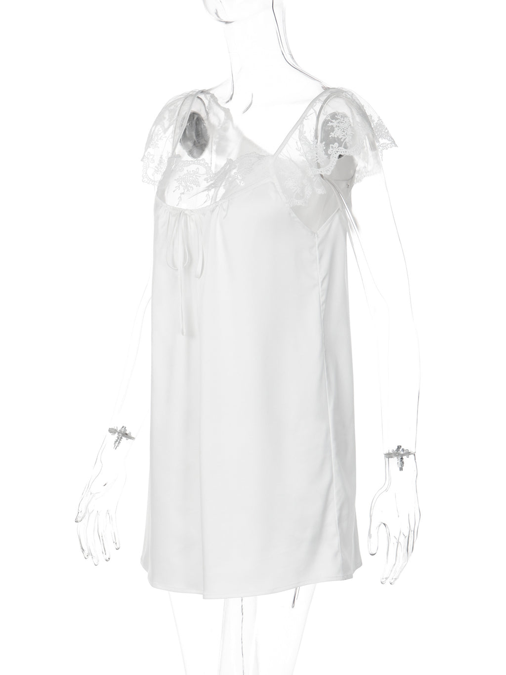 Lace Trim Satin Babydoll Mini Dress - White - 1