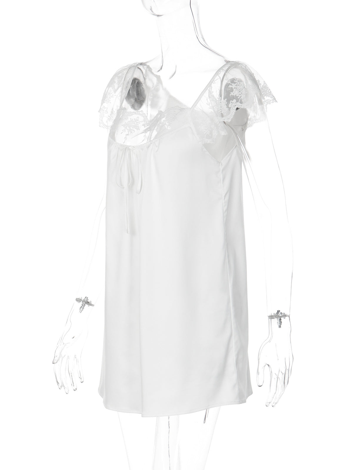 Lace Trim Satin Babydoll Mini Dress - White - 1