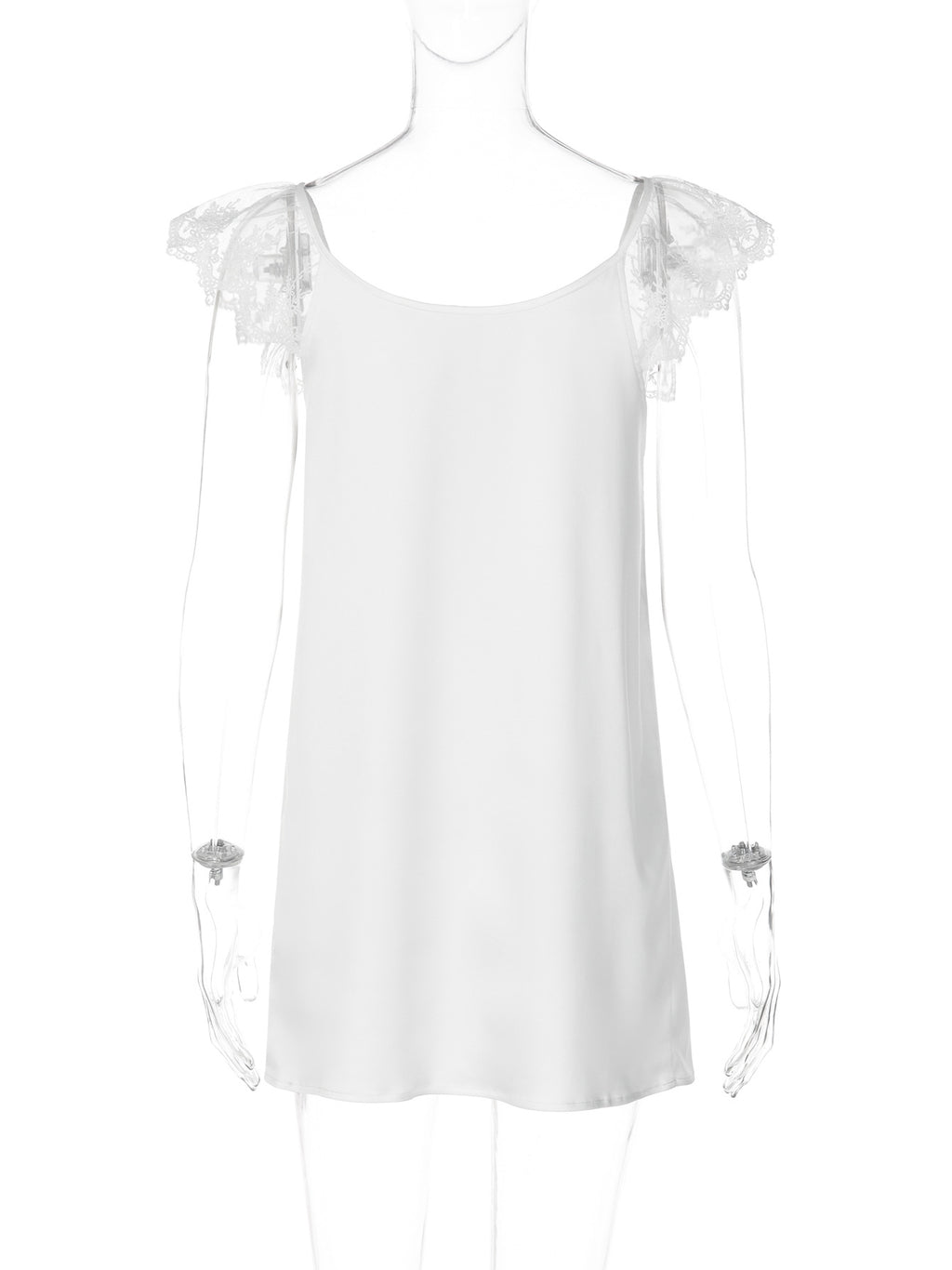 Lace Trim Satin Babydoll Mini Dress - White - 2