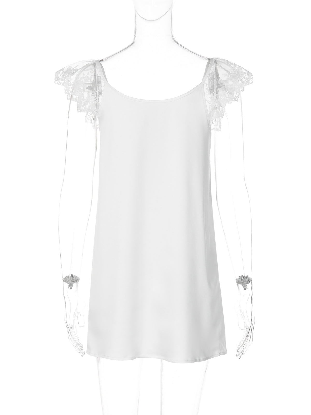 Lace Trim Satin Babydoll Mini Dress - White - 2