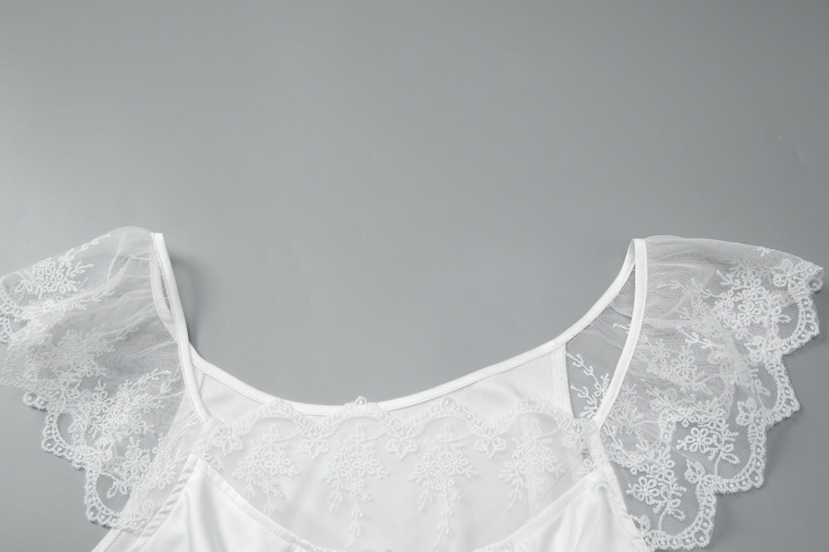 Lace Trim Satin Babydoll Mini Dress - White - 3