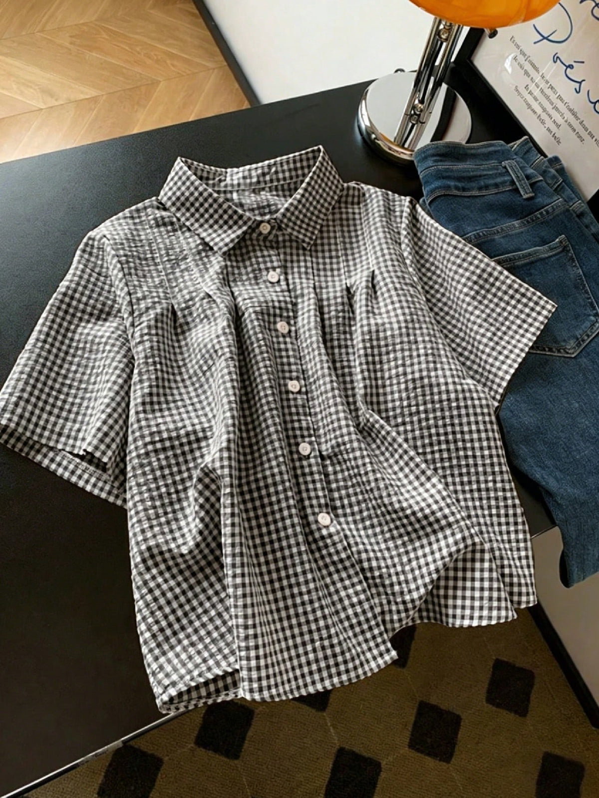 Gingham Plaid Short Sleeve Button Shirt - Black
