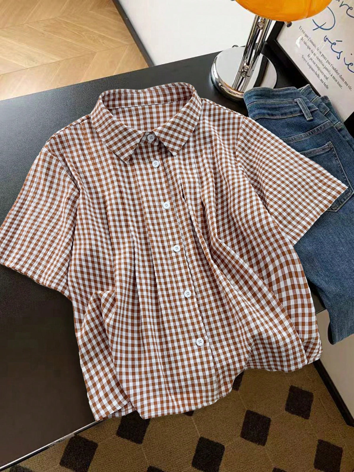 Gingham Plaid Short Sleeve Button Shirt - Coffee