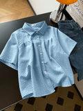 Gingham Plaid Short Sleeve Button Shirt - SkyBlue