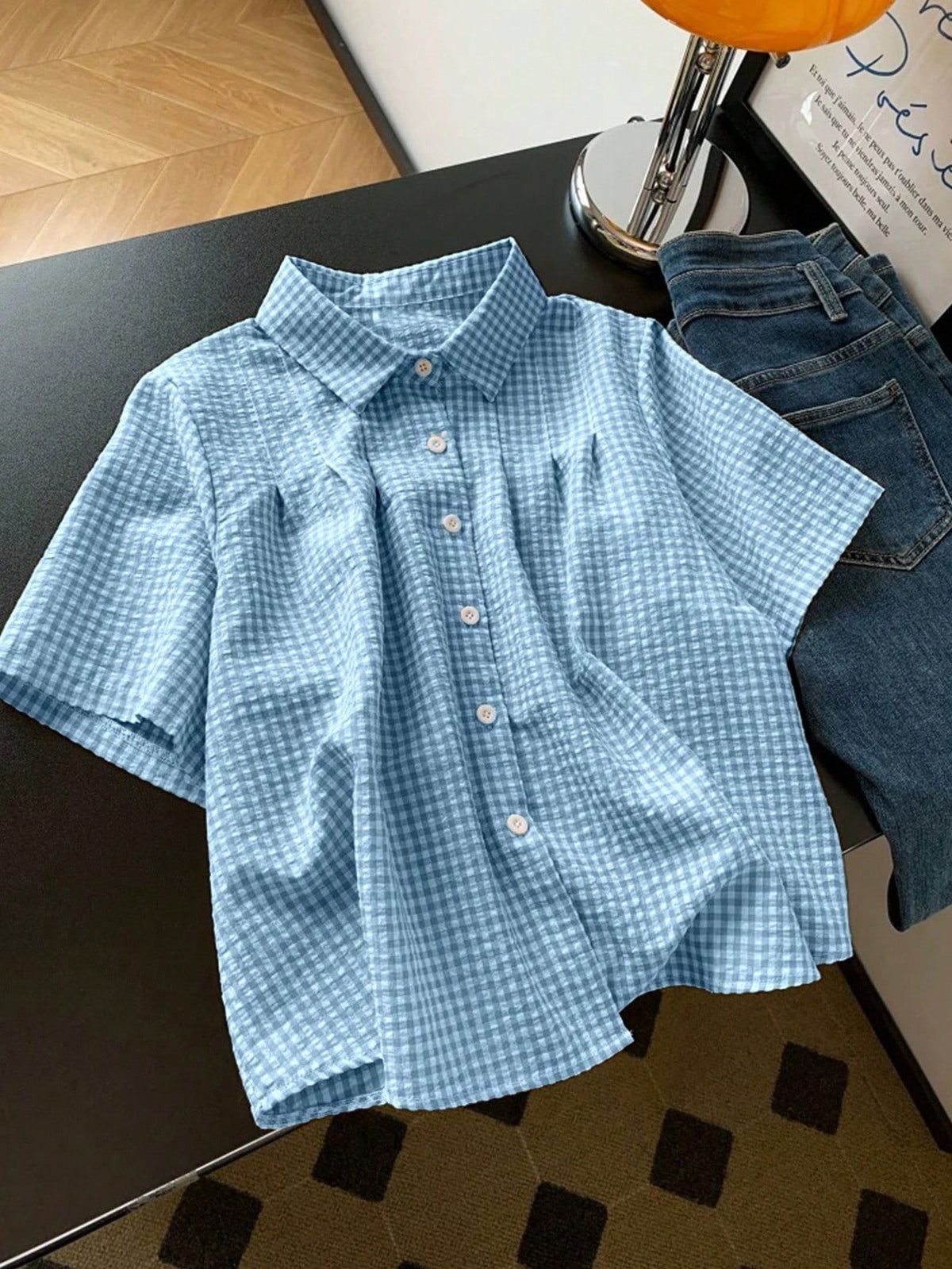 Gingham Plaid Short Sleeve Button Shirt - SkyBlue