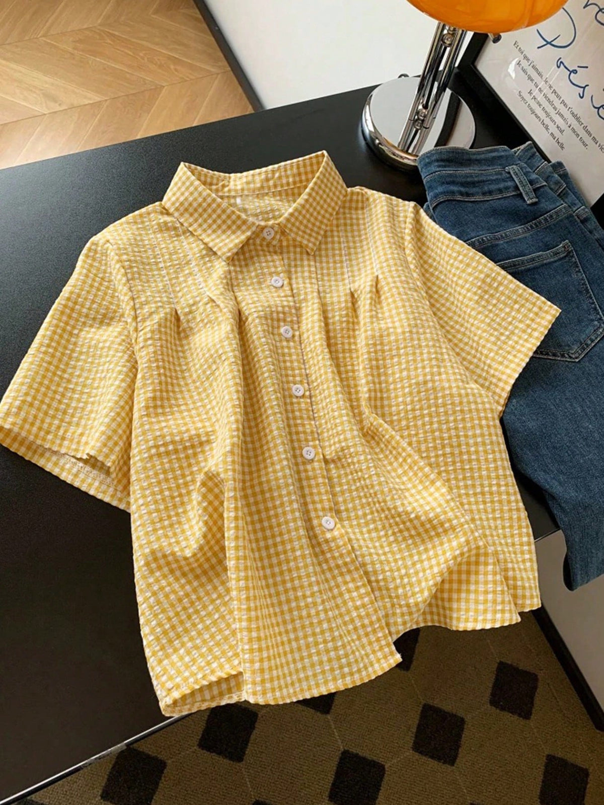 Gingham Plaid Short Sleeve Button Shirt - Yellow