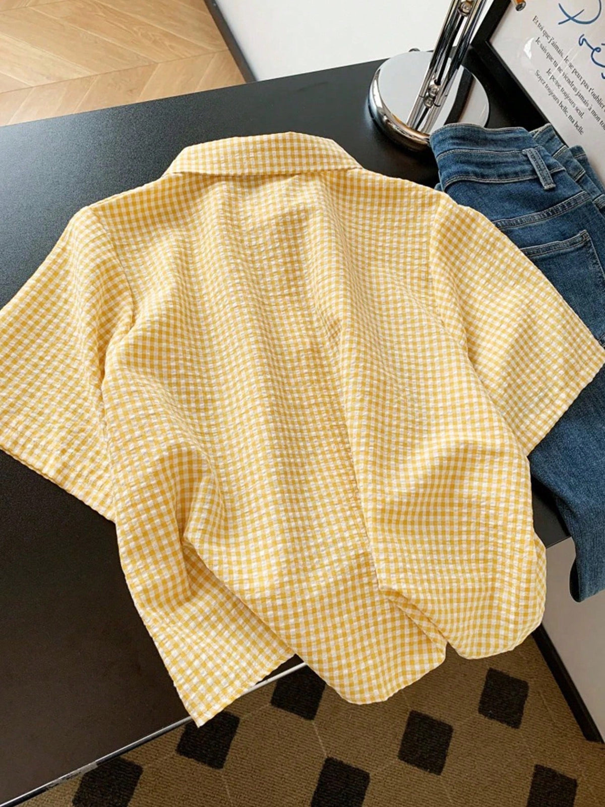 Gingham Plaid Short Sleeve Button Shirt - Yellow - 1