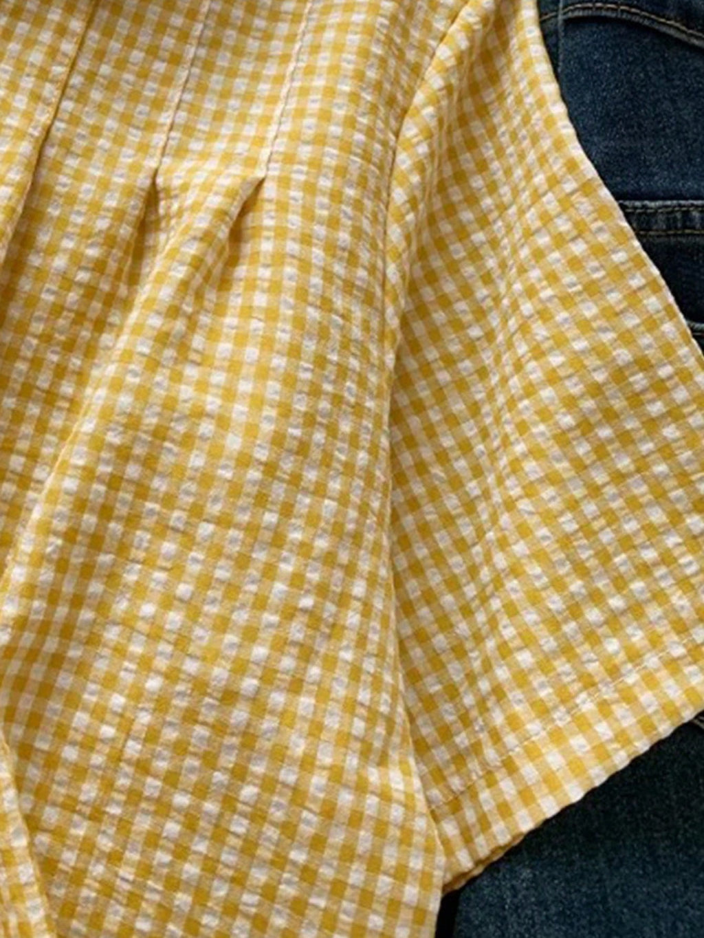 Gingham Plaid Short Sleeve Button Shirt - Yellow - 2
