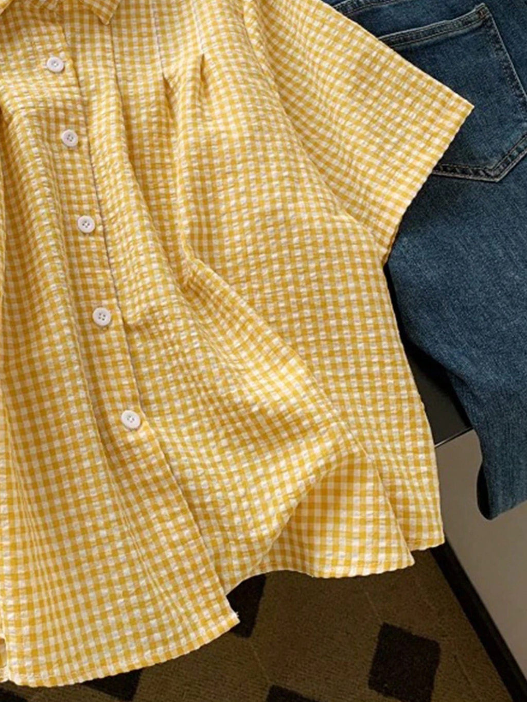 Gingham Plaid Short Sleeve Button Shirt - Yellow - 3
