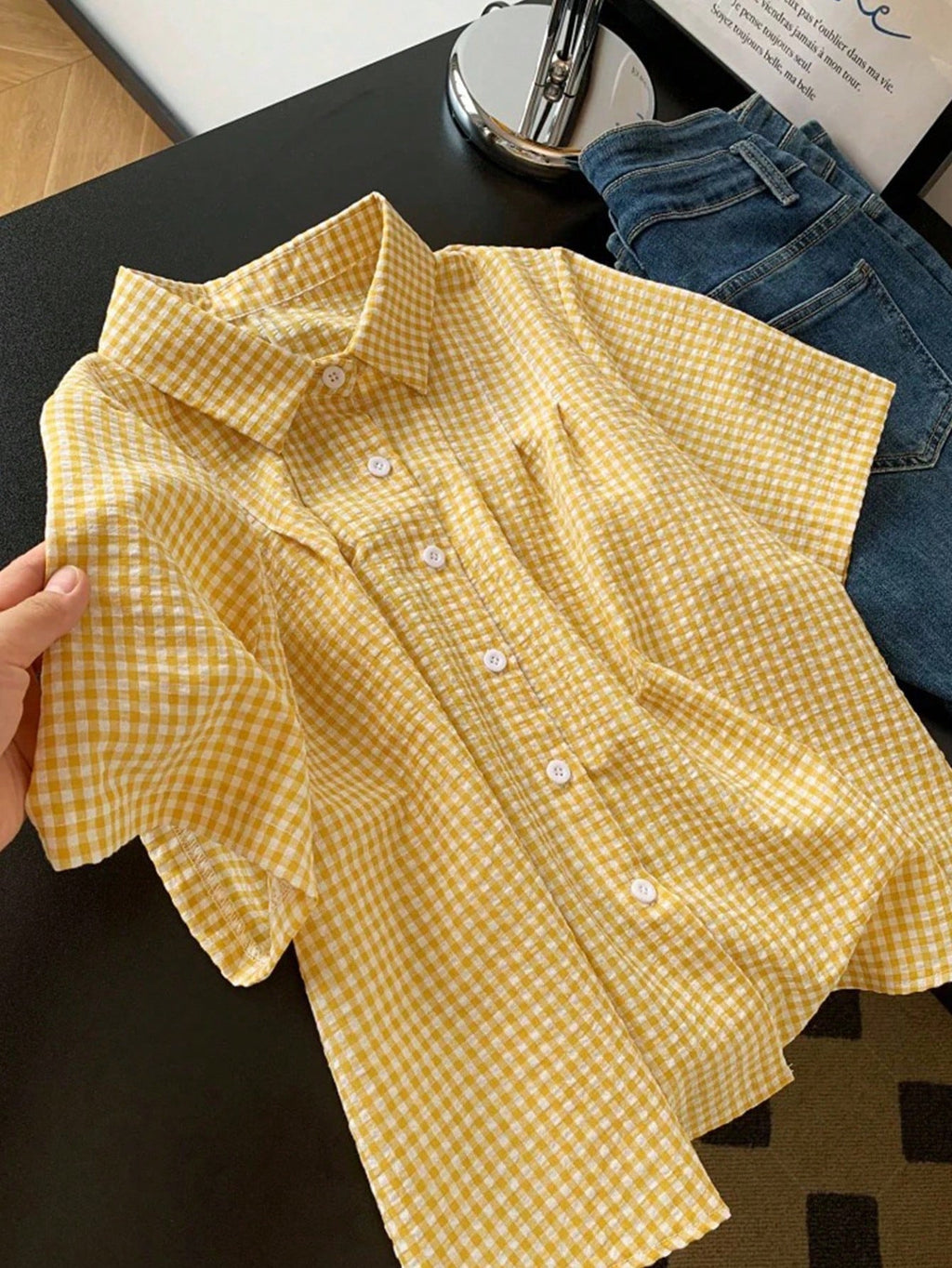 Gingham Plaid Short Sleeve Button Shirt - Yellow - 4