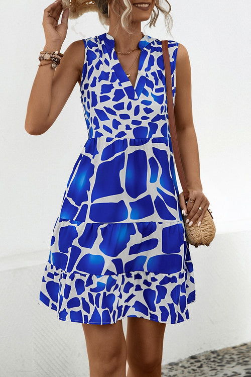 Abstract Print Sleeveless Ruffle Hem Mini Dress - Blue