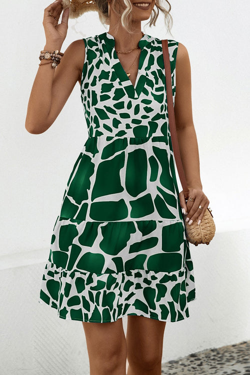 Abstract Print Sleeveless Ruffle Hem Mini Dress - Green