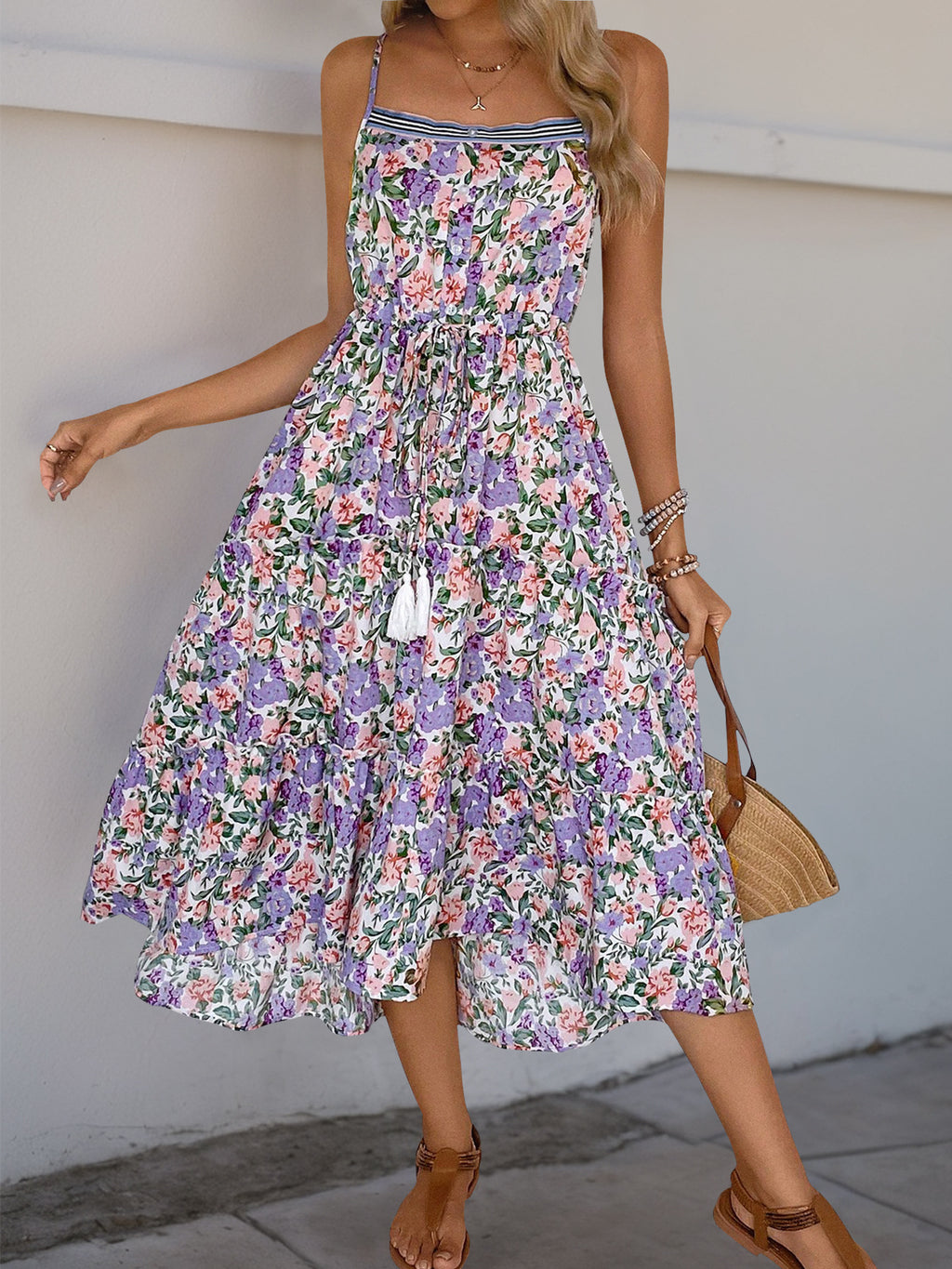 Ditsy Floral Tiered Slip Midi Dress - Floral - 1