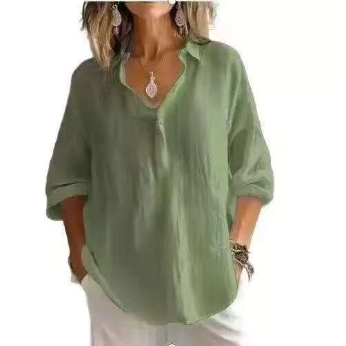 Linen-Look V Neck Popover Tunic Shirt - ArmyGreen
