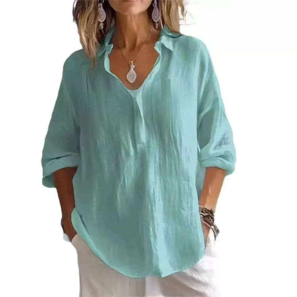 Linen-Look V Neck Popover Tunic Shirt - Blue